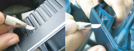 Anwendung: Keramik-Handentgrater entfernt Trennfuge an Kunststoffkante